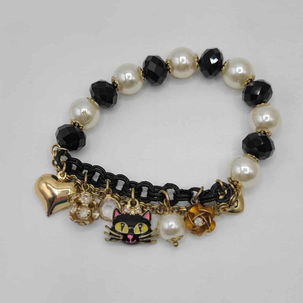 Betsey Johnson Black and White Charm Stretch Bracelet